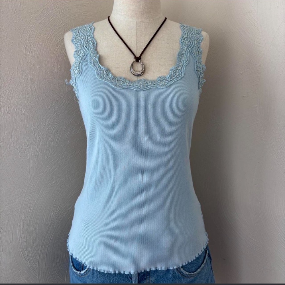 Light Blue Lace-Trim Tank Top - Women